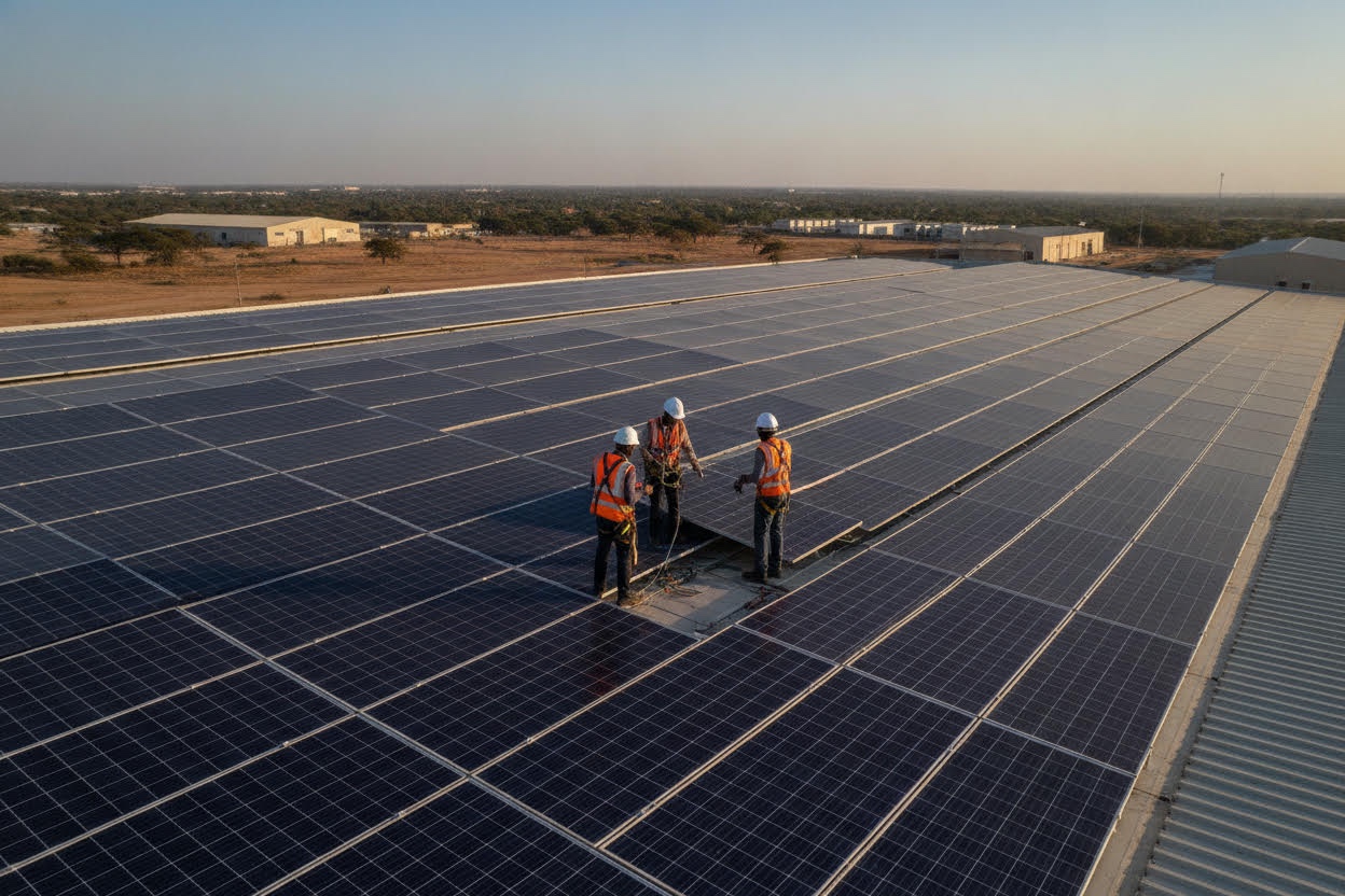 Workers inspecting solar panels on a commercial rooftop