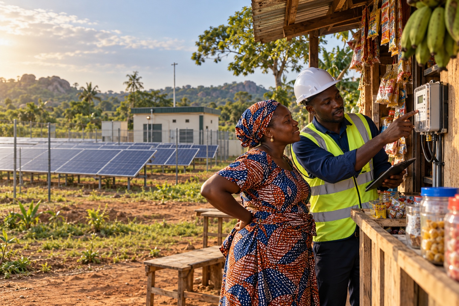 An energy operator explaining a meter to a shopkeeper near a mini-grid installation