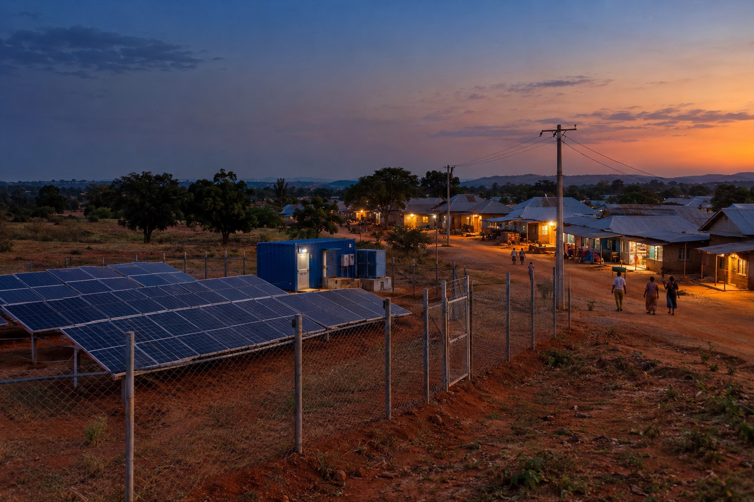 Solar panels and nearby homes at dusk